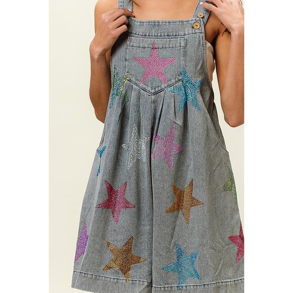 BiBi Star Pattern Rhinestone Washed Side Pockets Wide Leg Shortalls | Lt Denim - Picture 12 of 12